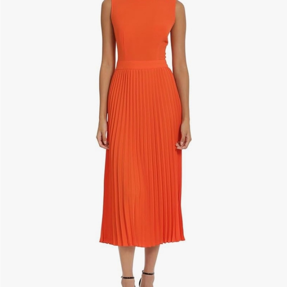 Donna Morgan Orange Pleated Sheath Midi Dress